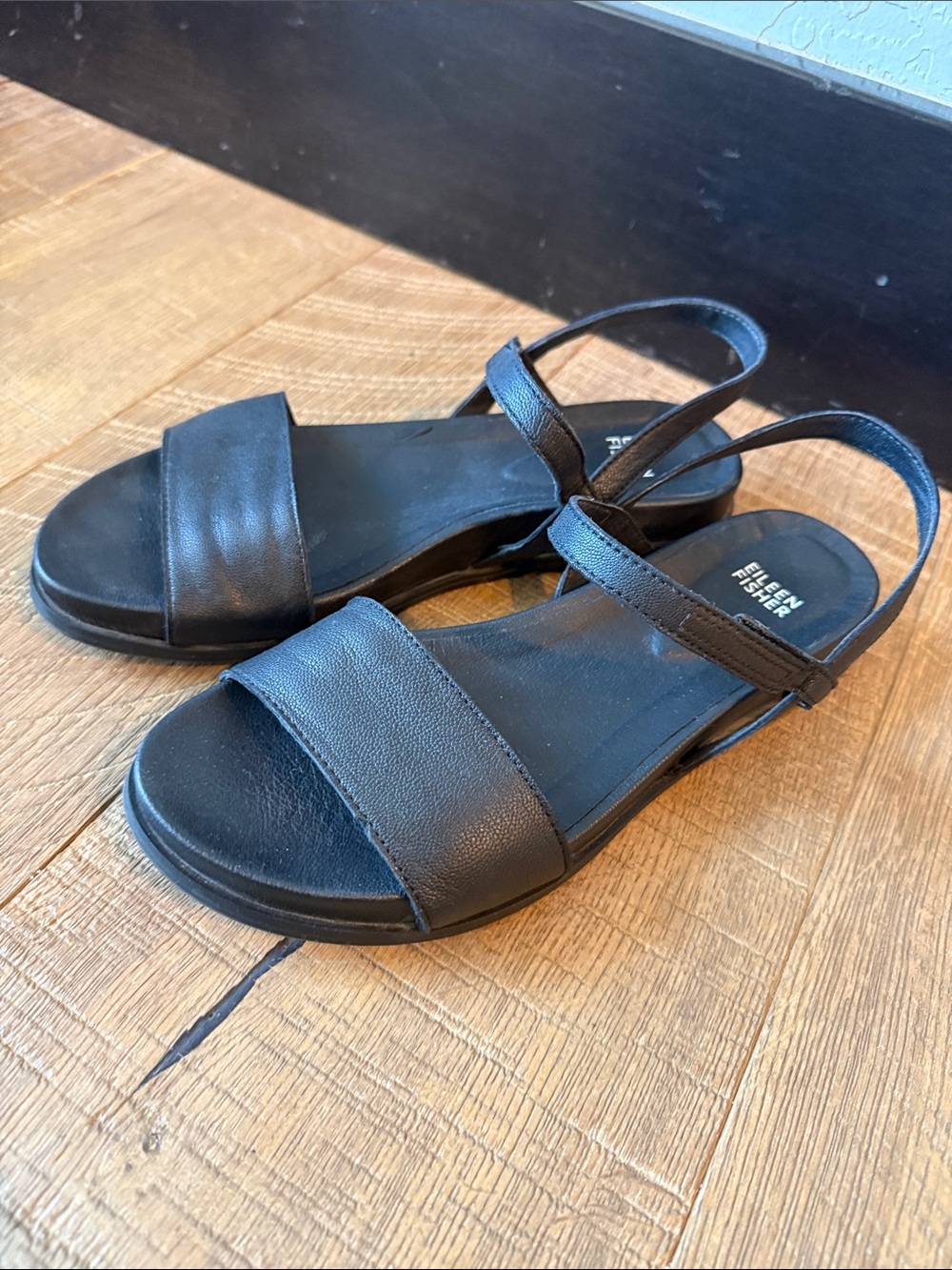 Eileen Fisher Black Leather Flat Slingback Sandals